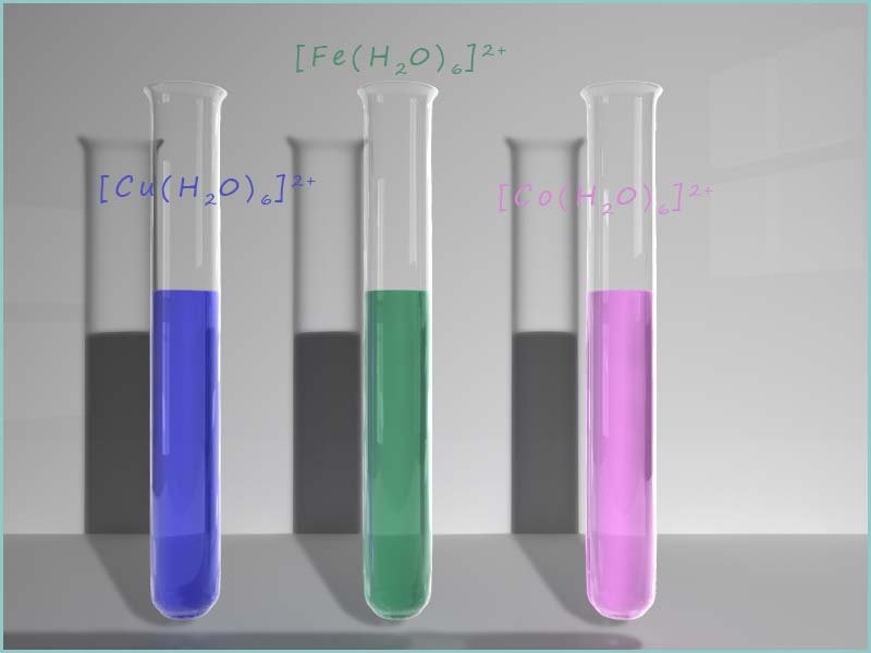 Image to show the green hexaaquairon(II), the pink hexaquacobalt(II) and the blue hexaauacopper(II) ions in solution